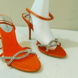 Karen Millen coral leather satin rhinestone heels